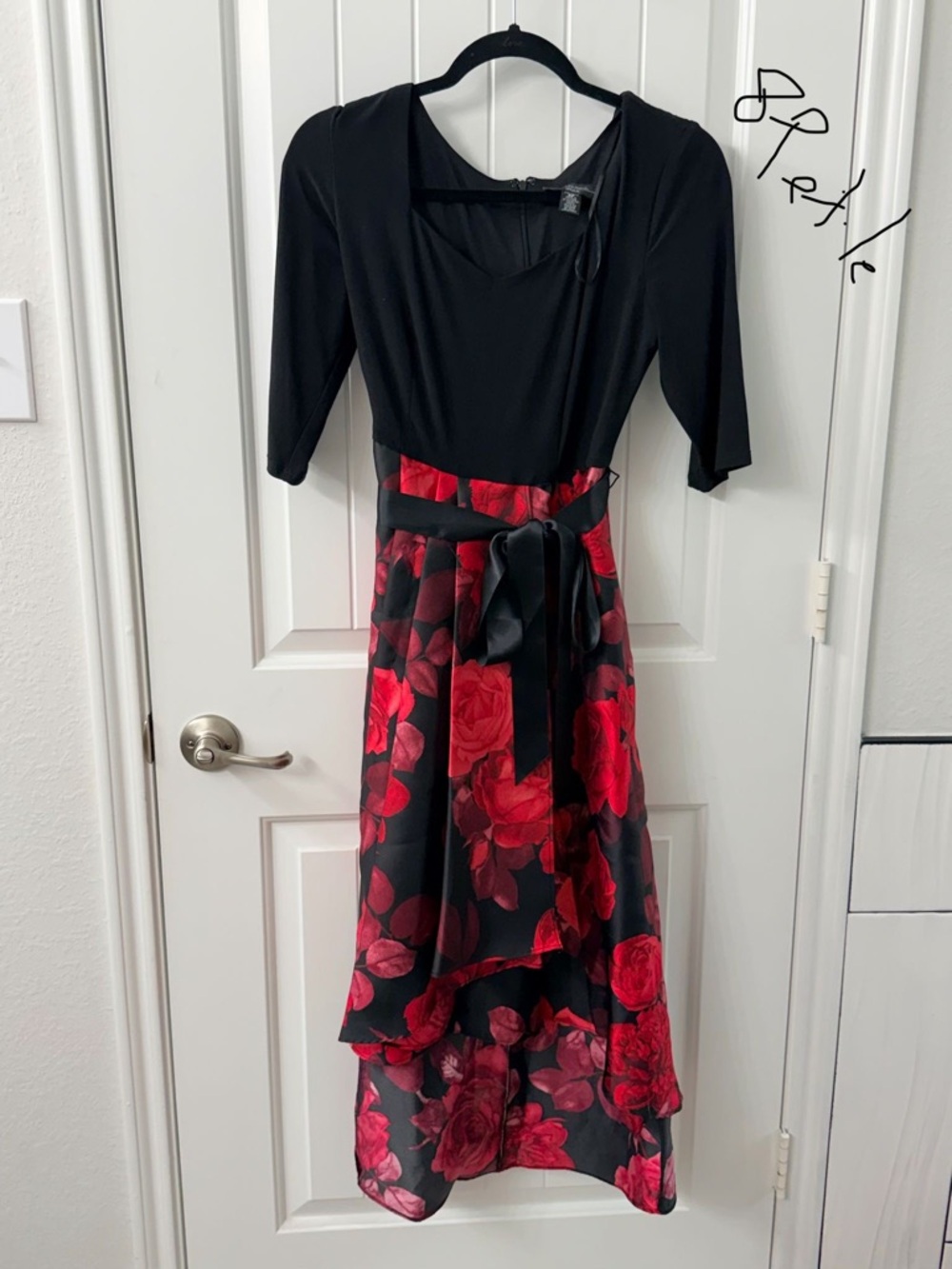 Black & Red Floral Midi Dress with Sash
